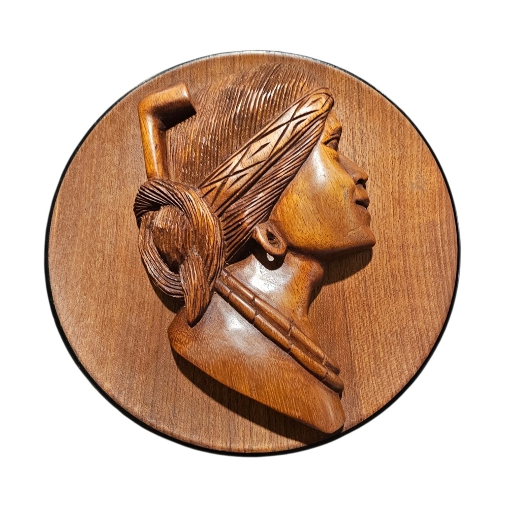 Vintage Mid-Century Hand Carved Teak Wood Tribal Folk Art Wall Plaque
